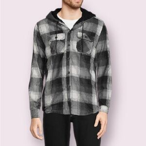 Distortion Plaid Faux Shearling Lined Hooded Shacket in Black & Gray Plaid